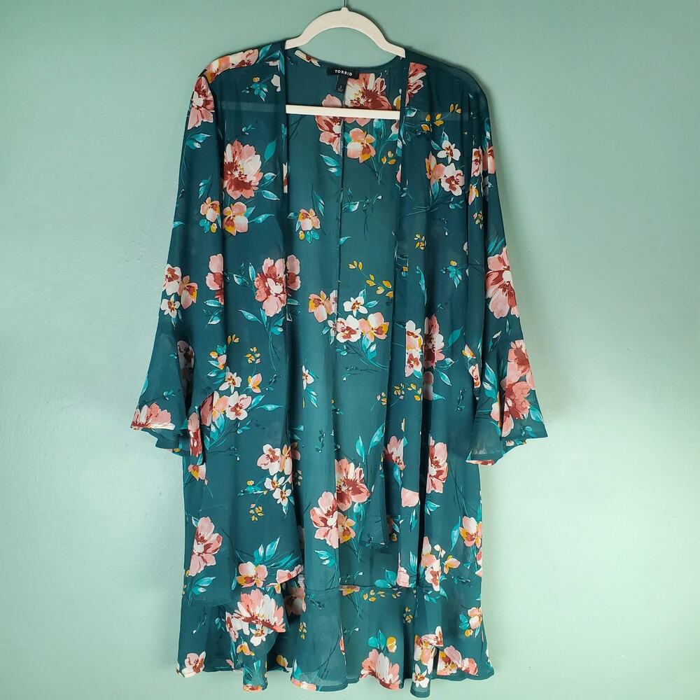 Torrid Womens Floral Kimono Duster Green Flowy Open Front Size 2